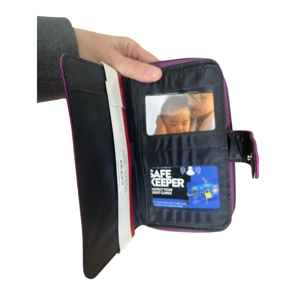 Mundi All In One Magenta Clutch Safe Keeper Zipper Photos Card Slots Wrist Strap